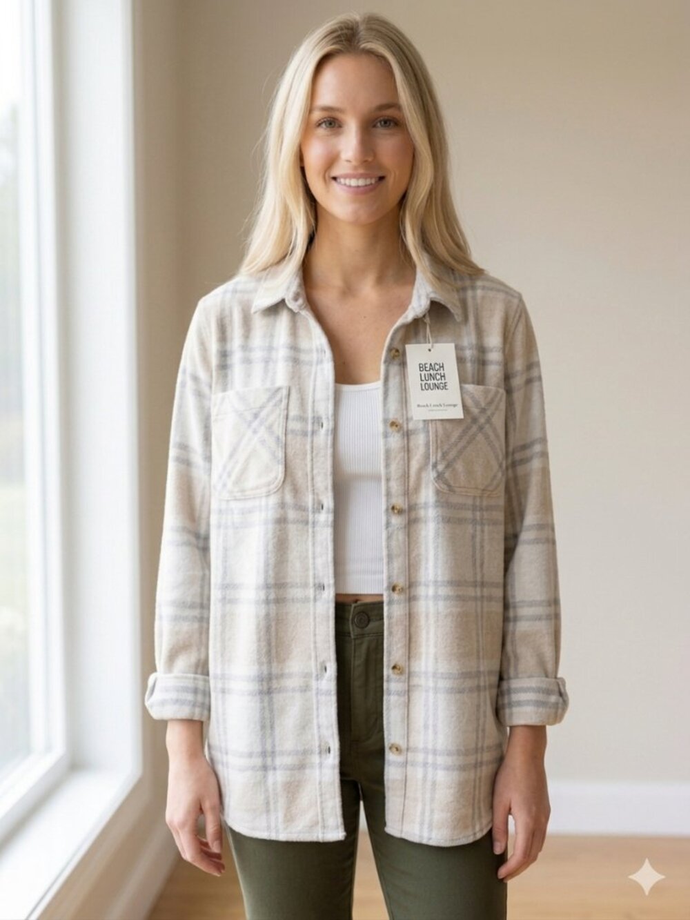 beachlunchlounge Sally Multi Plaid Shirt Jacket Shacket Women's L NWT Parchment